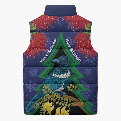 New Zealand Christmas In July Sleeveless Puffer Jacket Kowhai Tui Bird With Pohutukawa - Blue - Aussie Hoodie