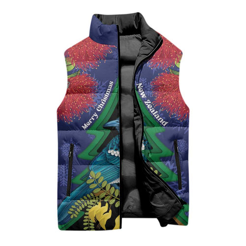 New Zealand Christmas In July Sleeveless Puffer Jacket Kowhai Tui Bird With Pohutukawa - Blue - Aussie Hoodie