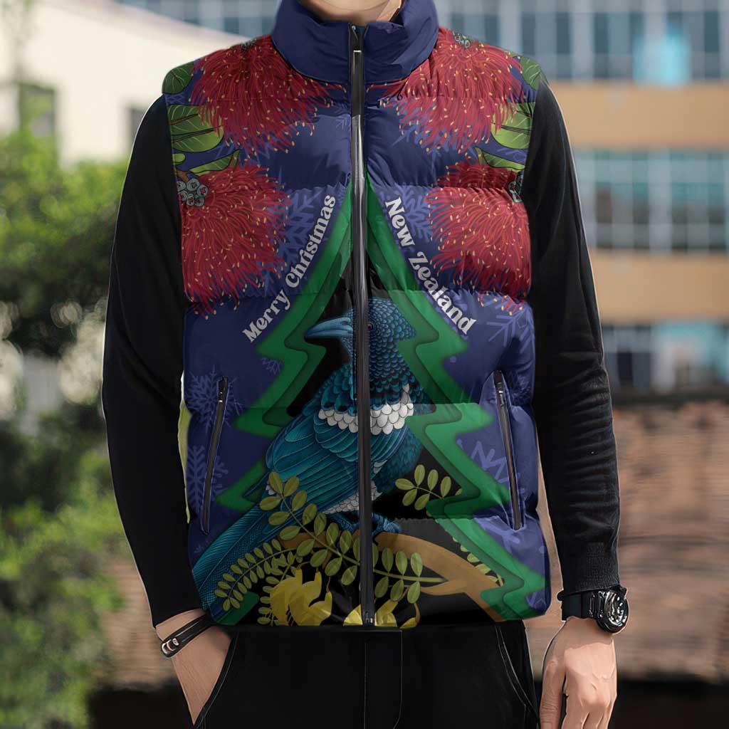 New Zealand Christmas In July Sleeveless Puffer Jacket Kowhai Tui Bird With Pohutukawa - Blue - Aussie Hoodie
