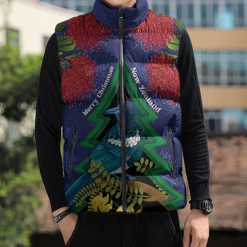 New Zealand Christmas In July Sleeveless Puffer Jacket Kowhai Tui Bird With Pohutukawa - Blue - Aussie Hoodie