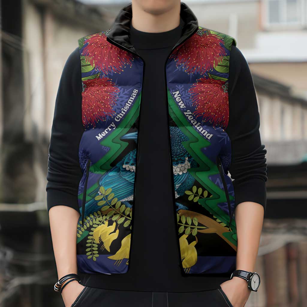 New Zealand Christmas In July Sleeveless Puffer Jacket Kowhai Tui Bird With Pohutukawa - Blue - Aussie Hoodie