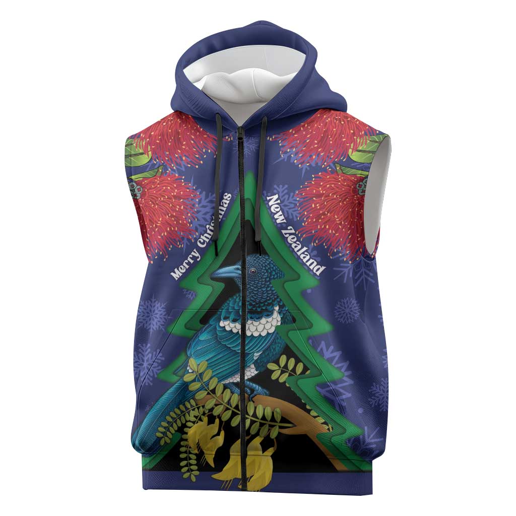 New Zealand Christmas In July Sleeveless Zip Hoodie Kowhai Tui Bird With Pohutukawa - Blue LT14