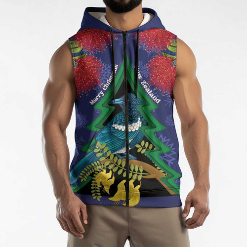 New Zealand Christmas In July Sleeveless Zip Hoodie Kowhai Tui Bird With Pohutukawa - Blue LT14