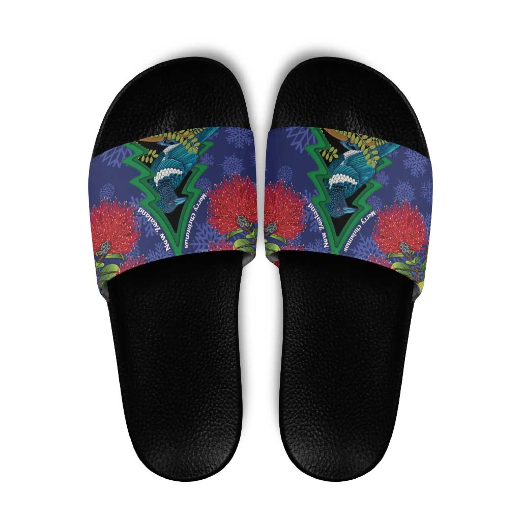 New Zealand Christmas In July Slide Sandals Kowhai Tui Bird With Pohutukawa - Blue - Aussie Hoodie