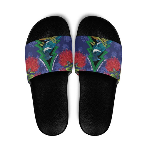 New Zealand Christmas In July Slide Sandals Kowhai Tui Bird With Pohutukawa - Blue - Aussie Hoodie