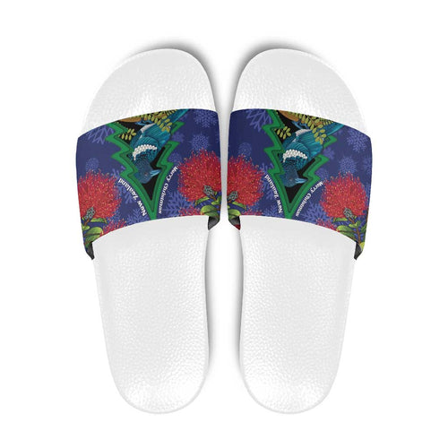 New Zealand Christmas In July Slide Sandals Kowhai Tui Bird With Pohutukawa - Blue - Aussie Hoodie