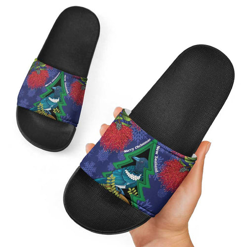 New Zealand Christmas In July Slide Sandals Kowhai Tui Bird With Pohutukawa - Blue - Aussie Hoodie