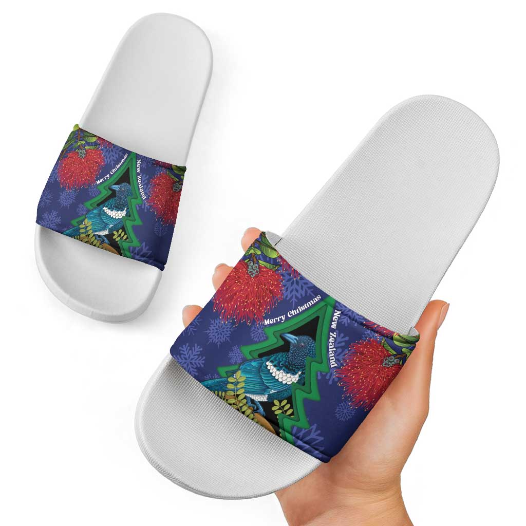New Zealand Christmas In July Slide Sandals Kowhai Tui Bird With Pohutukawa - Blue - Aussie Hoodie