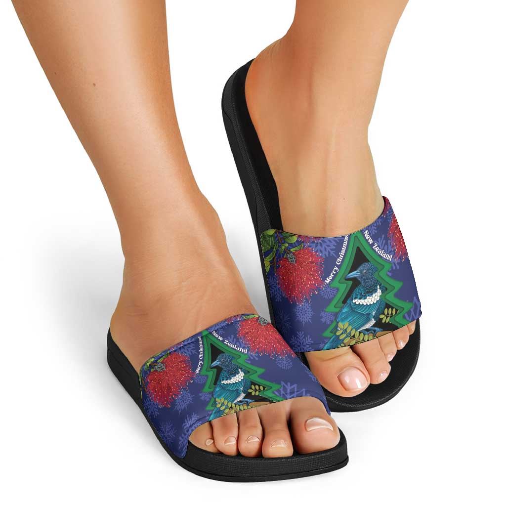 New Zealand Christmas In July Slide Sandals Kowhai Tui Bird With Pohutukawa - Blue - Aussie Hoodie