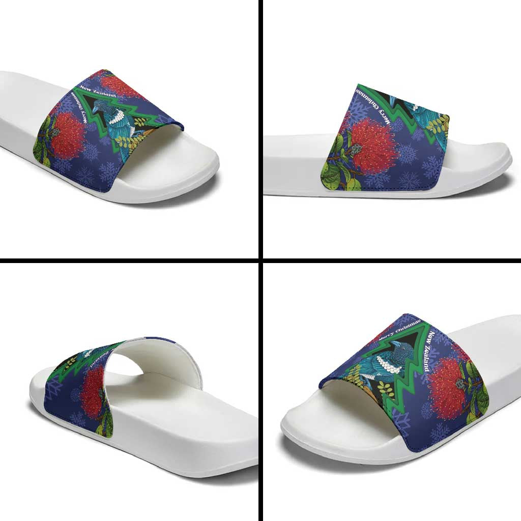 New Zealand Christmas In July Slide Sandals Kowhai Tui Bird With Pohutukawa - Blue - Aussie Hoodie