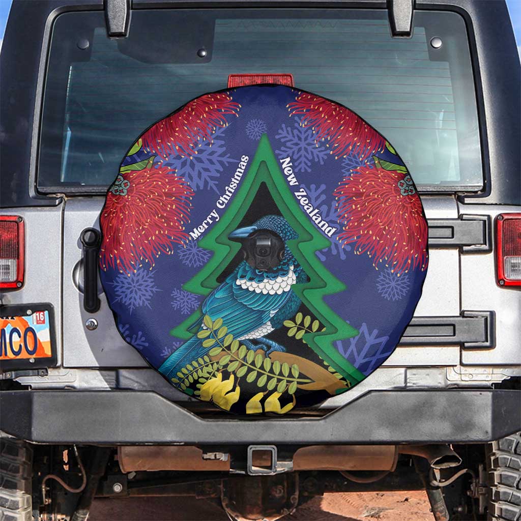 New Zealand Christmas In July Spare Tire Cover Kowhai Tui Bird With Pohutukawa - Blue