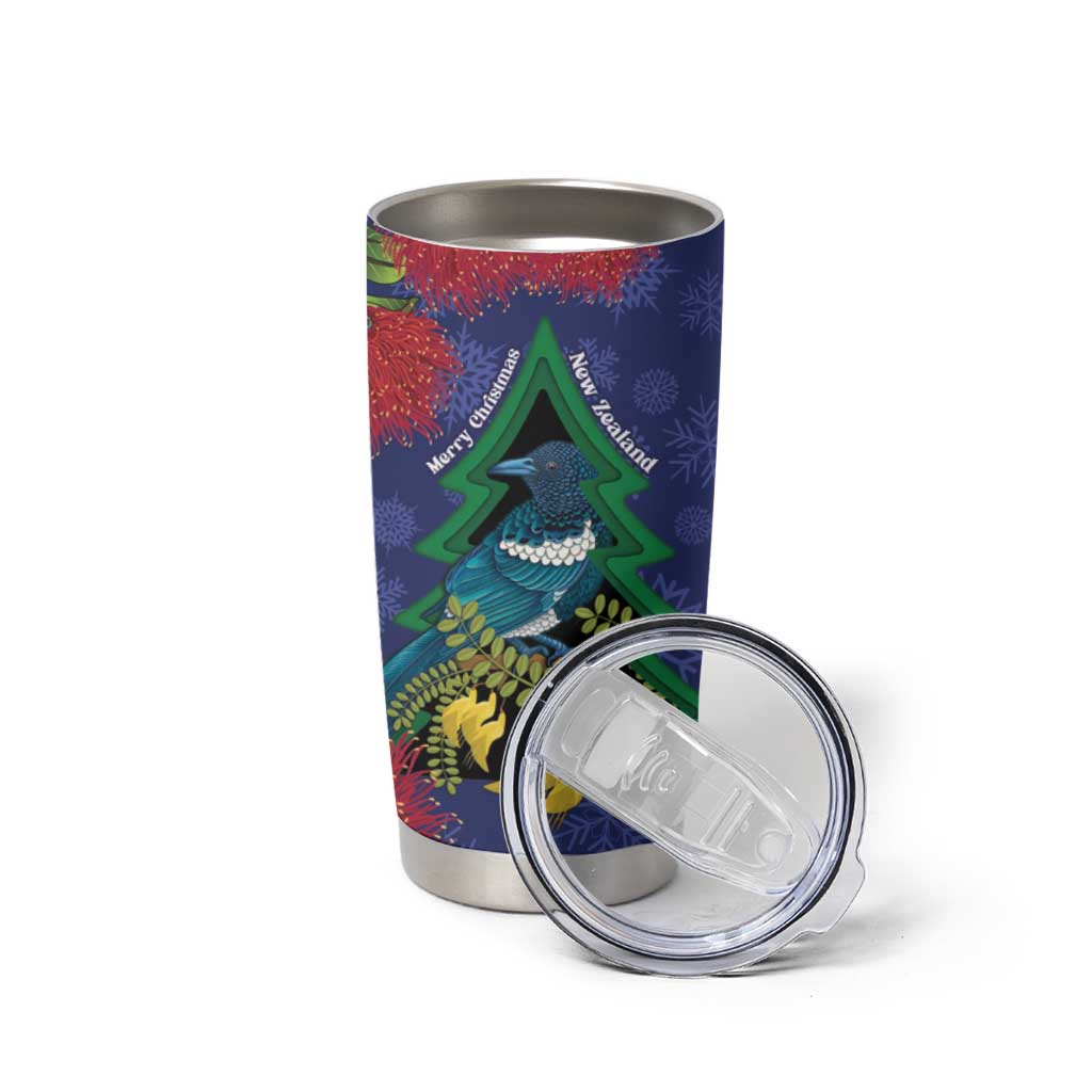 New Zealand Christmas In July Tumbler Cup Kowhai Tui Bird With Pohutukawa - Blue
