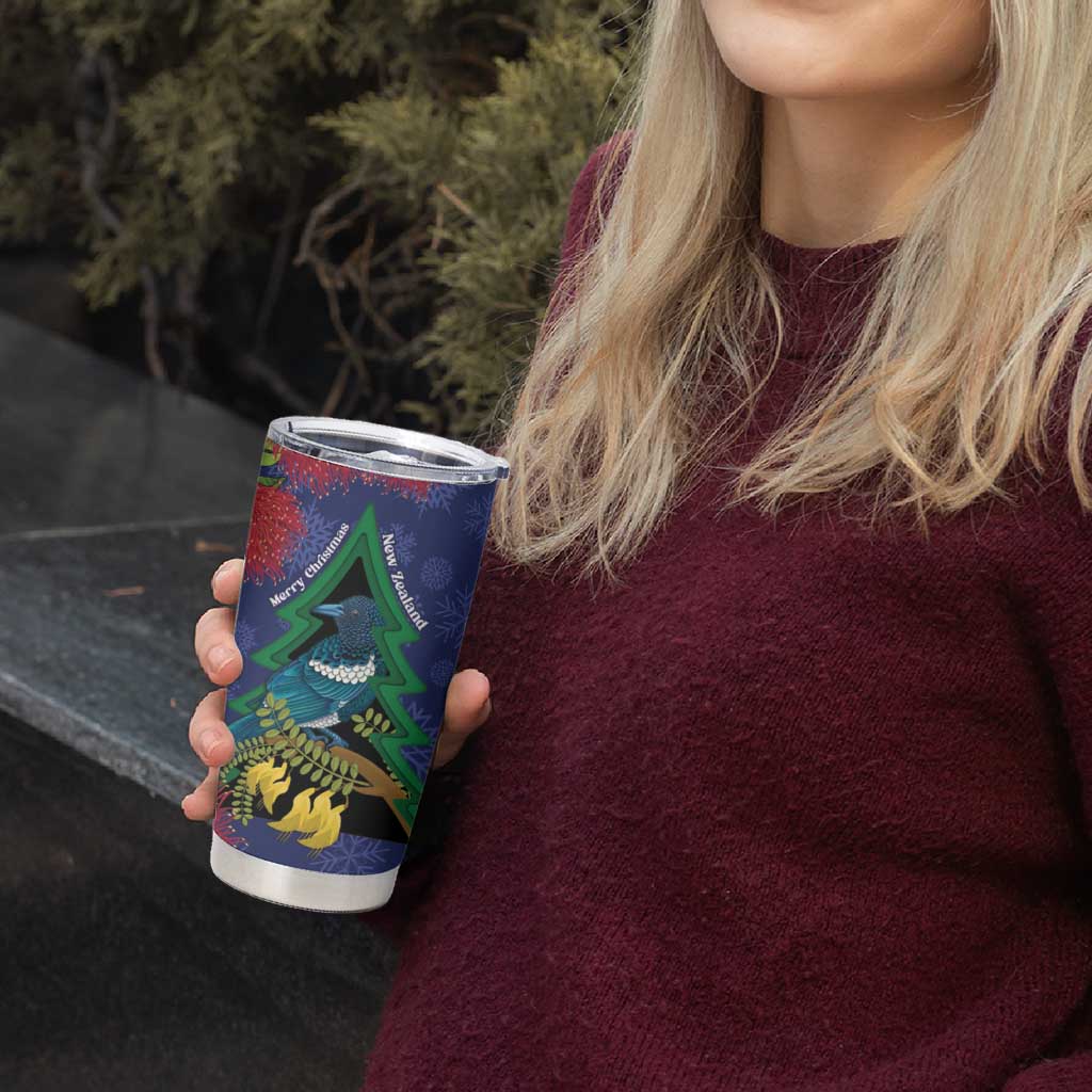 New Zealand Christmas In July Tumbler Cup Kowhai Tui Bird With Pohutukawa - Blue