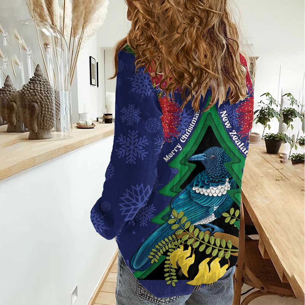 New Zealand Christmas In July Women Casual Shirt Kowhai Tui Bird With Pohutukawa - Blue