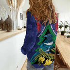 New Zealand Christmas In July Women Casual Shirt Kowhai Tui Bird With Pohutukawa - Blue