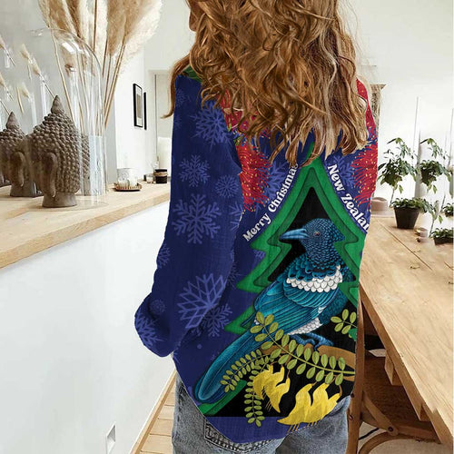 New Zealand Christmas In July Women Casual Shirt Kowhai Tui Bird With Pohutukawa - Blue