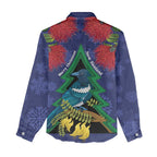 New Zealand Christmas In July Women Casual Shirt Kowhai Tui Bird With Pohutukawa - Blue