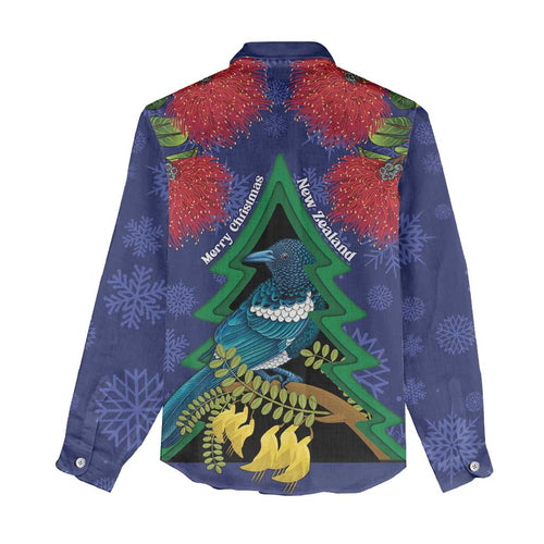 New Zealand Christmas In July Women Casual Shirt Kowhai Tui Bird With Pohutukawa - Blue