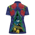New Zealand Christmas In July Women Polo Shirt Kowhai Tui Bird With Pohutukawa - Blue