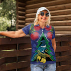 New Zealand Christmas In July Women Polo Shirt Kowhai Tui Bird With Pohutukawa - Blue