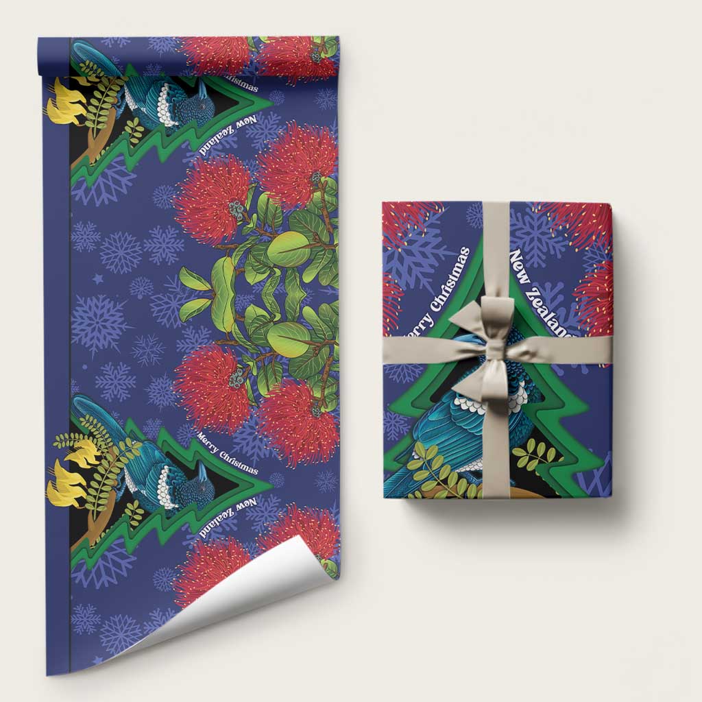 New Zealand Christmas In July Wrapping Paper Kowhai Tui Bird With Pohutukawa - Blue - Aussie Hoodie