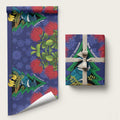 New Zealand Christmas In July Wrapping Paper Kowhai Tui Bird With Pohutukawa - Blue - Aussie Hoodie
