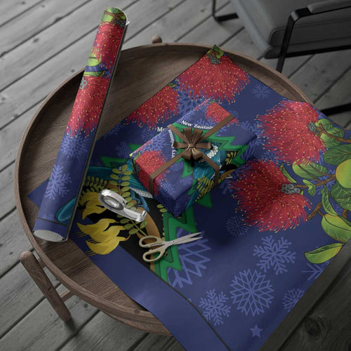 New Zealand Christmas In July Wrapping Paper Kowhai Tui Bird With Pohutukawa - Blue - Aussie Hoodie