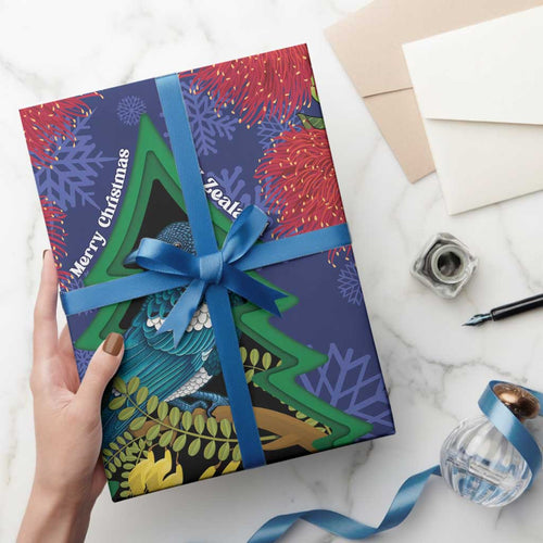 New Zealand Christmas In July Wrapping Paper Kowhai Tui Bird With Pohutukawa - Blue - Aussie Hoodie