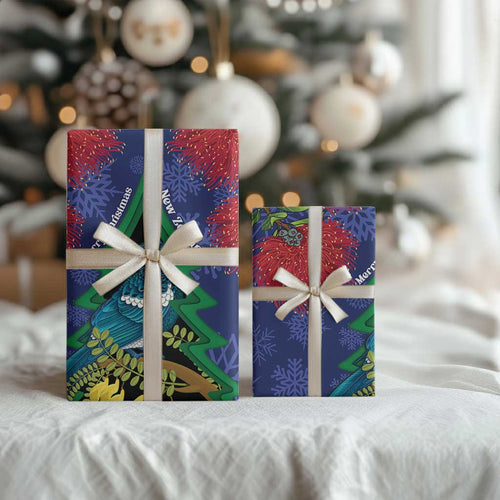 New Zealand Christmas In July Wrapping Paper Kowhai Tui Bird With Pohutukawa - Blue - Aussie Hoodie