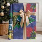 New Zealand Christmas In July Wrapping Paper Kowhai Tui Bird With Pohutukawa - Blue - Aussie Hoodie
