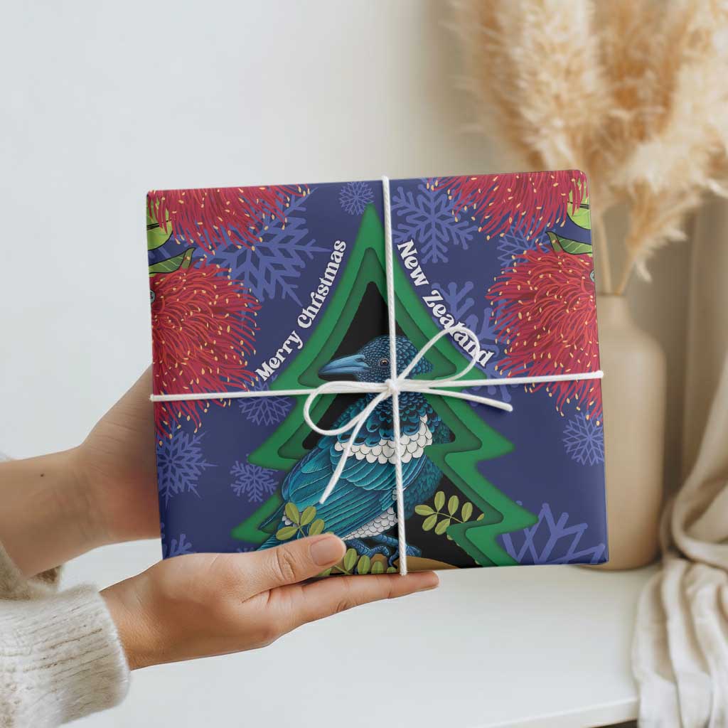 New Zealand Christmas In July Wrapping Paper Kowhai Tui Bird With Pohutukawa - Blue - Aussie Hoodie