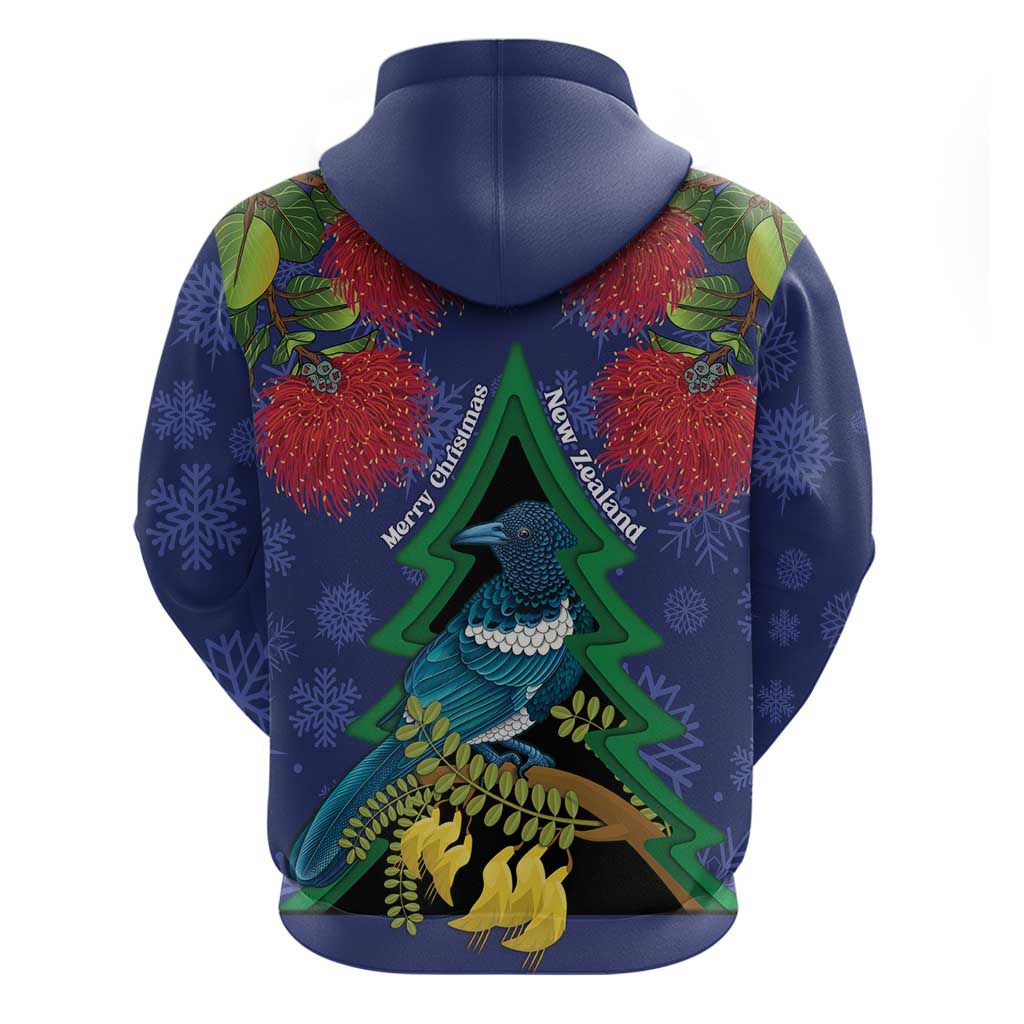 New Zealand Christmas In July Zip Hoodie Kowhai Tui Bird With Pohutukawa - Blue