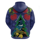 New Zealand Christmas In July Zip Hoodie Kowhai Tui Bird With Pohutukawa - Blue