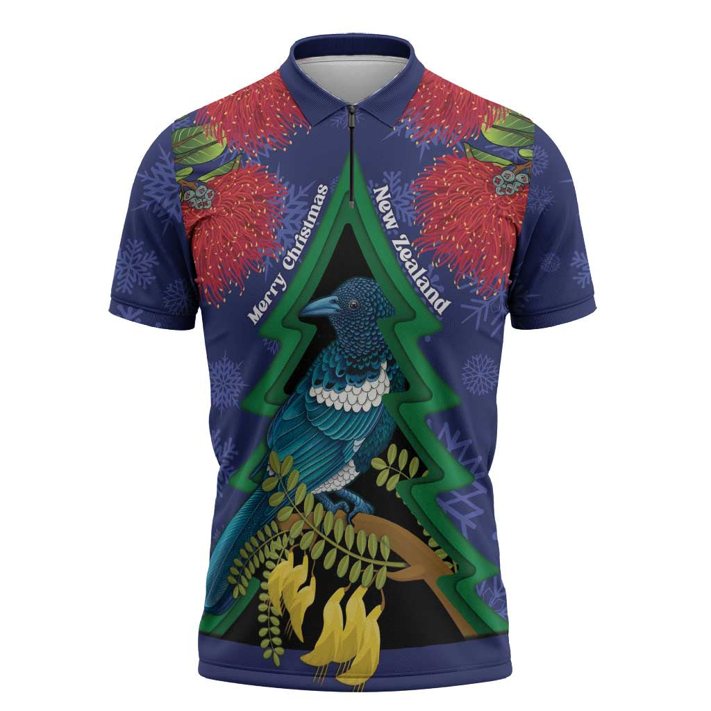 New Zealand Christmas In July Zipper Polo Shirt Kowhai Tui Bird With Pohutukawa - Blue - Aussie Hoodie