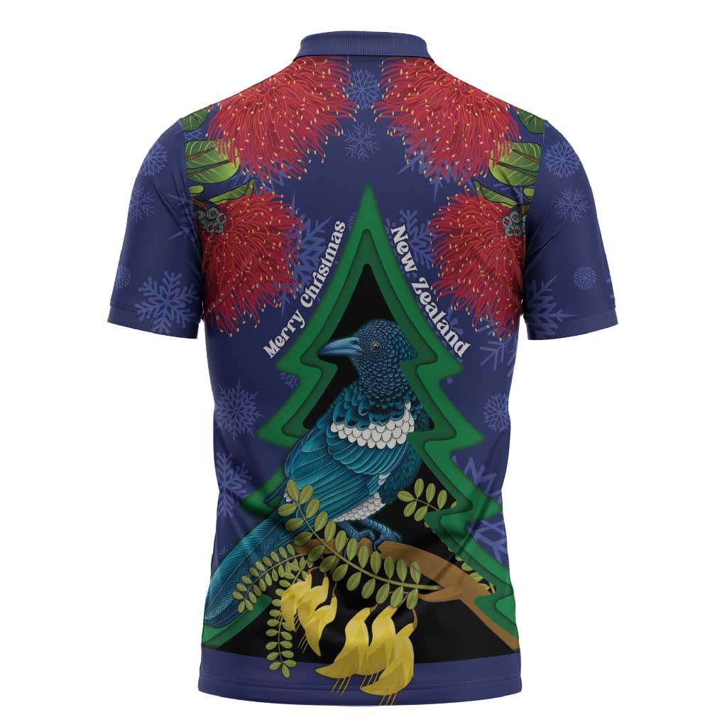 New Zealand Christmas In July Zipper Polo Shirt Kowhai Tui Bird With Pohutukawa - Blue - Aussie Hoodie