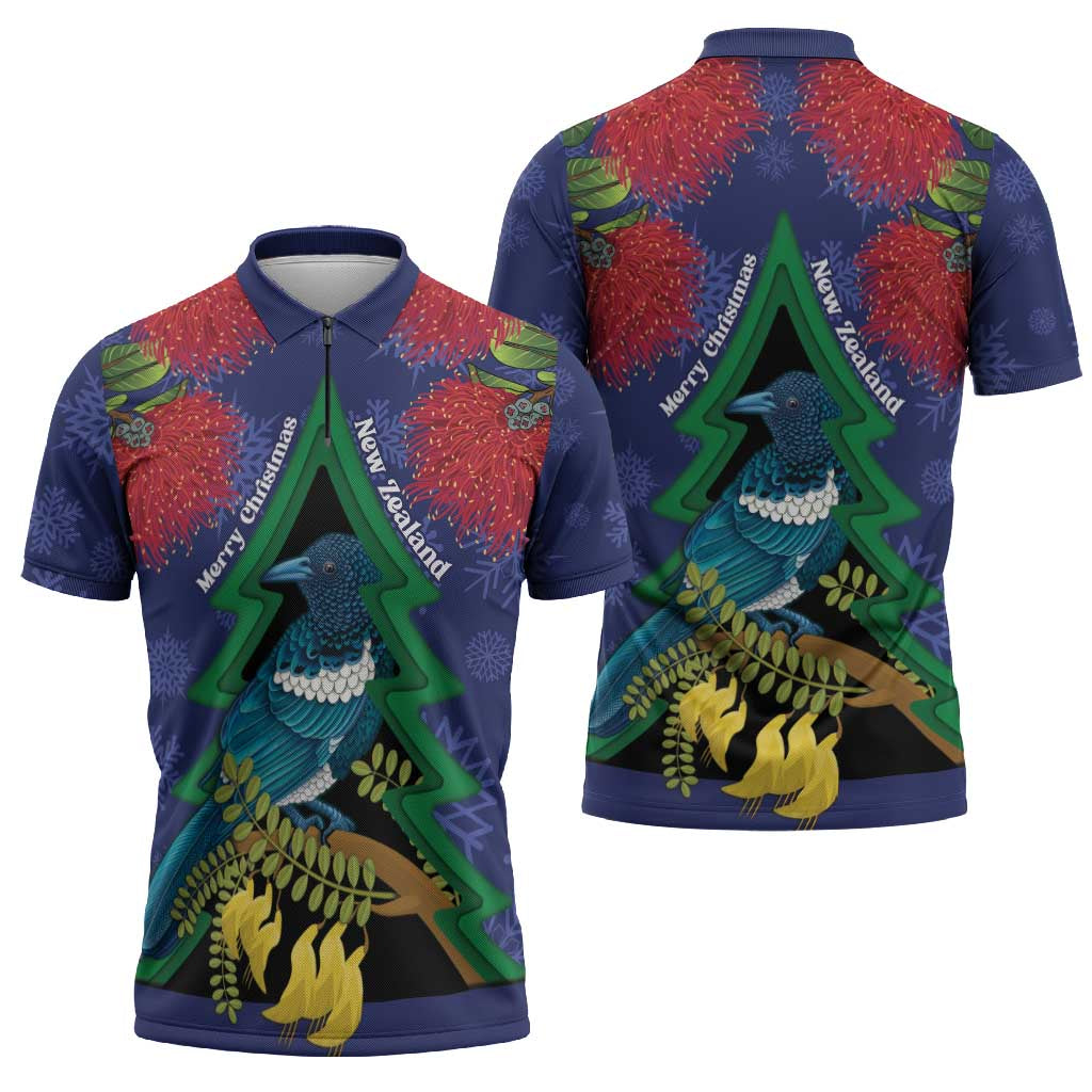New Zealand Christmas In July Zipper Polo Shirt Kowhai Tui Bird With Pohutukawa - Blue - Aussie Hoodie