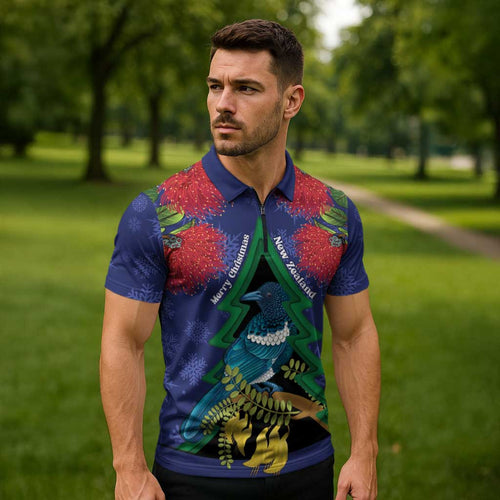 New Zealand Christmas In July Zipper Polo Shirt Kowhai Tui Bird With Pohutukawa - Blue - Aussie Hoodie