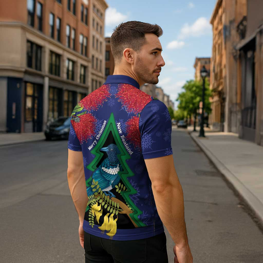 New Zealand Christmas In July Zipper Polo Shirt Kowhai Tui Bird With Pohutukawa - Blue - Aussie Hoodie