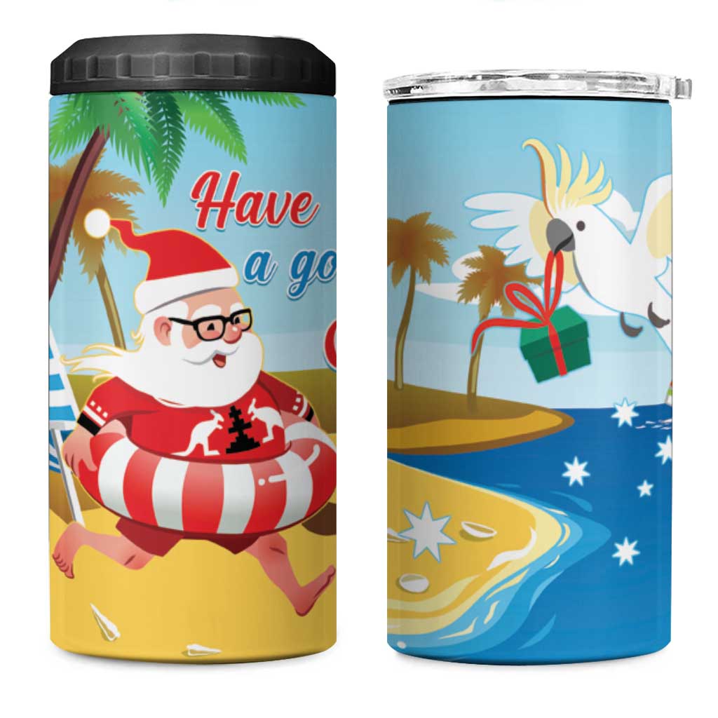 Australia Christmas In July 4 in 1 Can Cooler Tumbler Happy Santa Claus With Aussie Animals