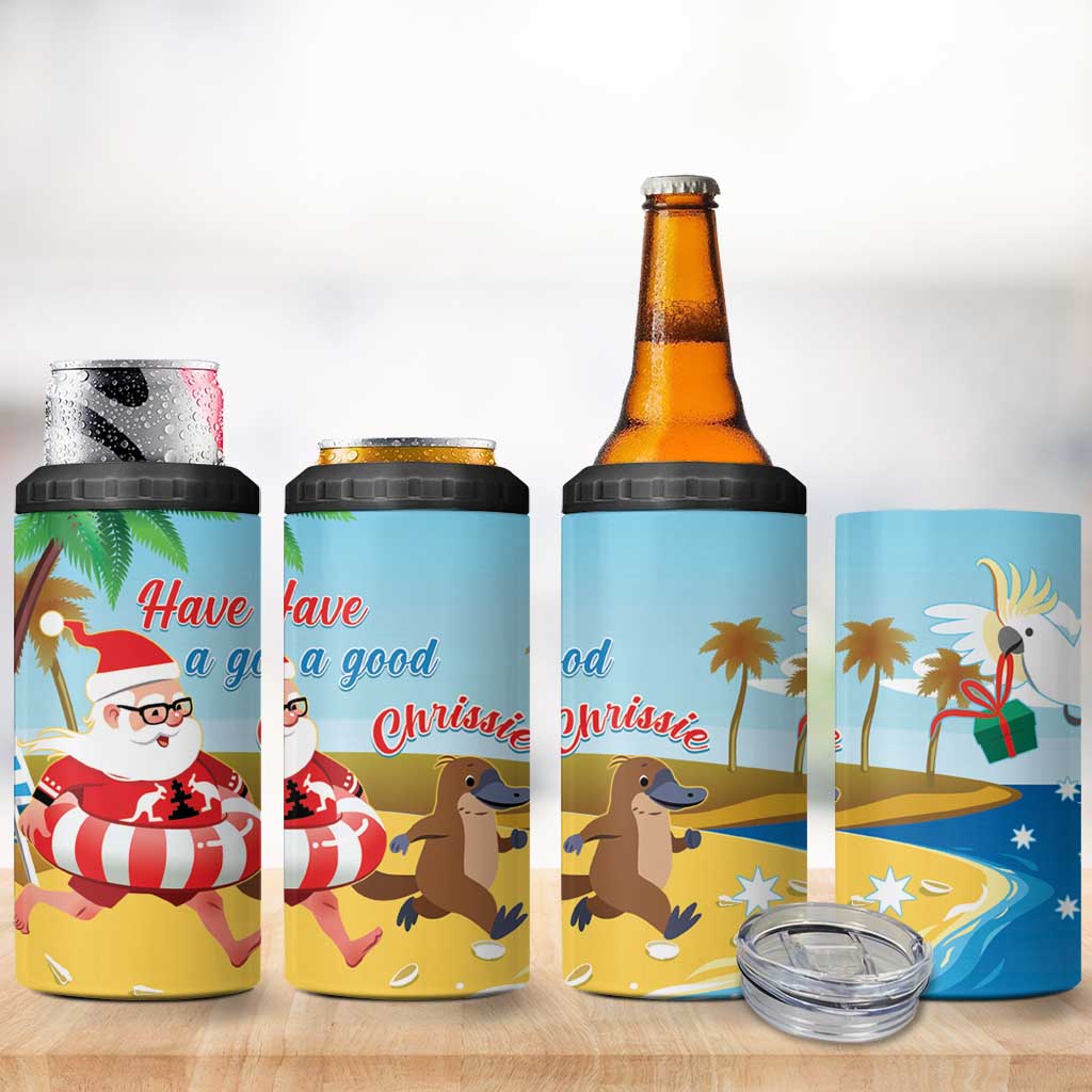 Australia Christmas In July 4 in 1 Can Cooler Tumbler Happy Santa Claus With Aussie Animals