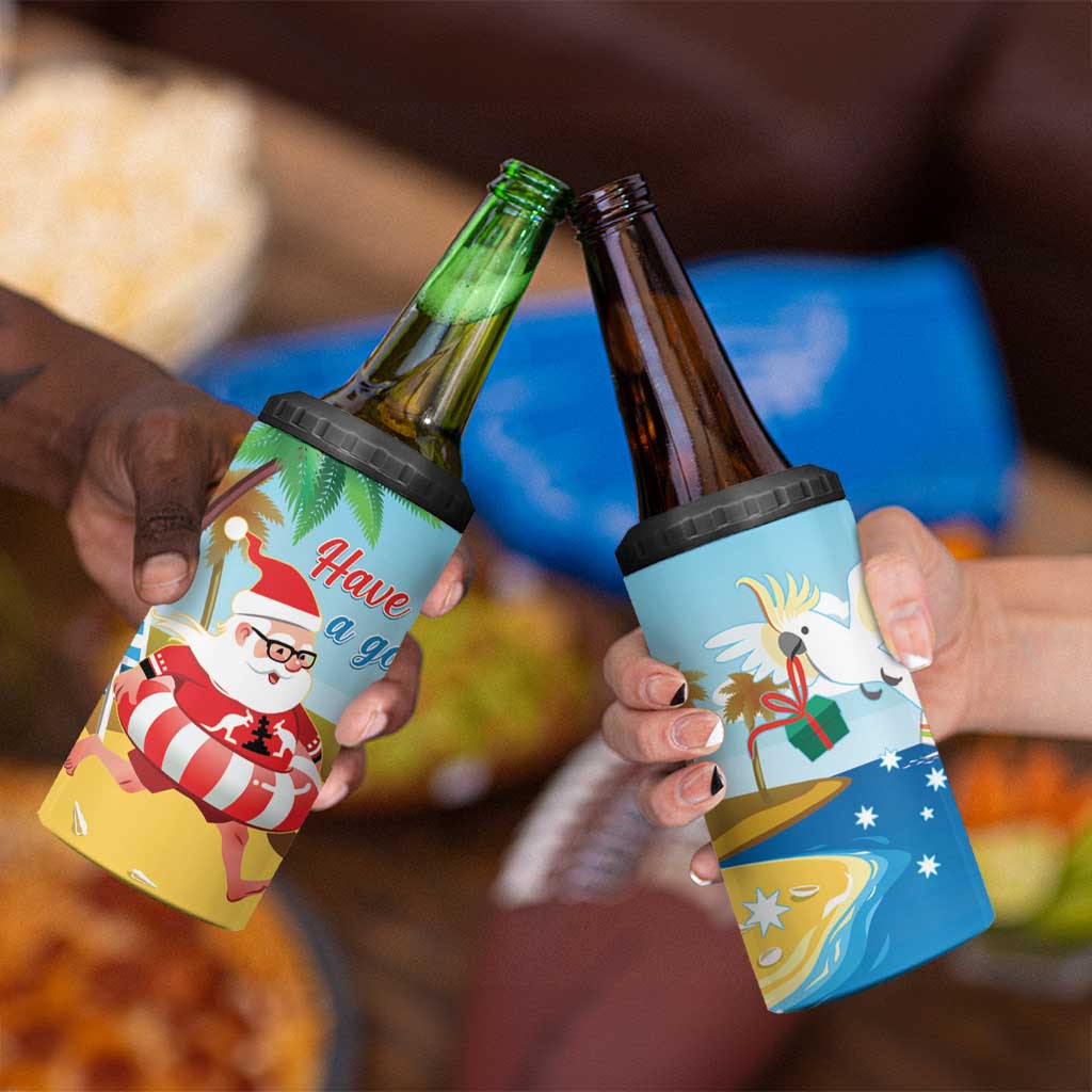 Australia Christmas In July 4 in 1 Can Cooler Tumbler Happy Santa Claus With Aussie Animals