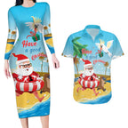 Australia Christmas In July Couples Matching Long Sleeve Bodycon Dress and Hawaiian Shirt Happy Santa Claus With Aussie Animals