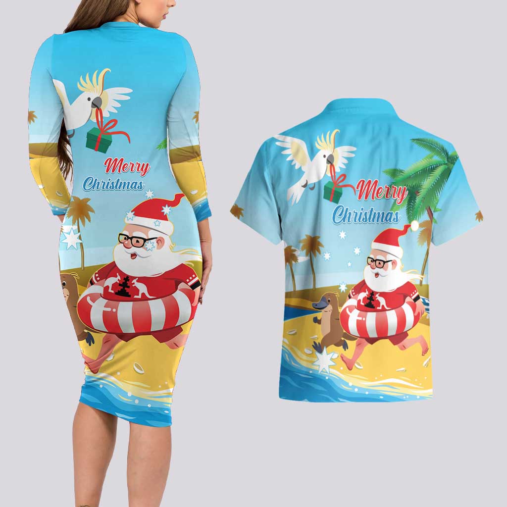 Australia Christmas In July Couples Matching Long Sleeve Bodycon Dress and Hawaiian Shirt Happy Santa Claus With Aussie Animals