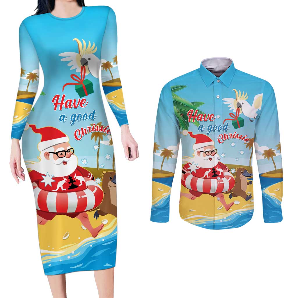 Australia Christmas In July Couples Matching Long Sleeve Bodycon Dress and Long Sleeve Button Shirt Happy Santa Claus With Aussie Animals