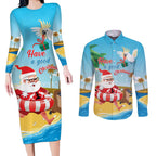 Australia Christmas In July Couples Matching Long Sleeve Bodycon Dress and Long Sleeve Button Shirt Happy Santa Claus With Aussie Animals