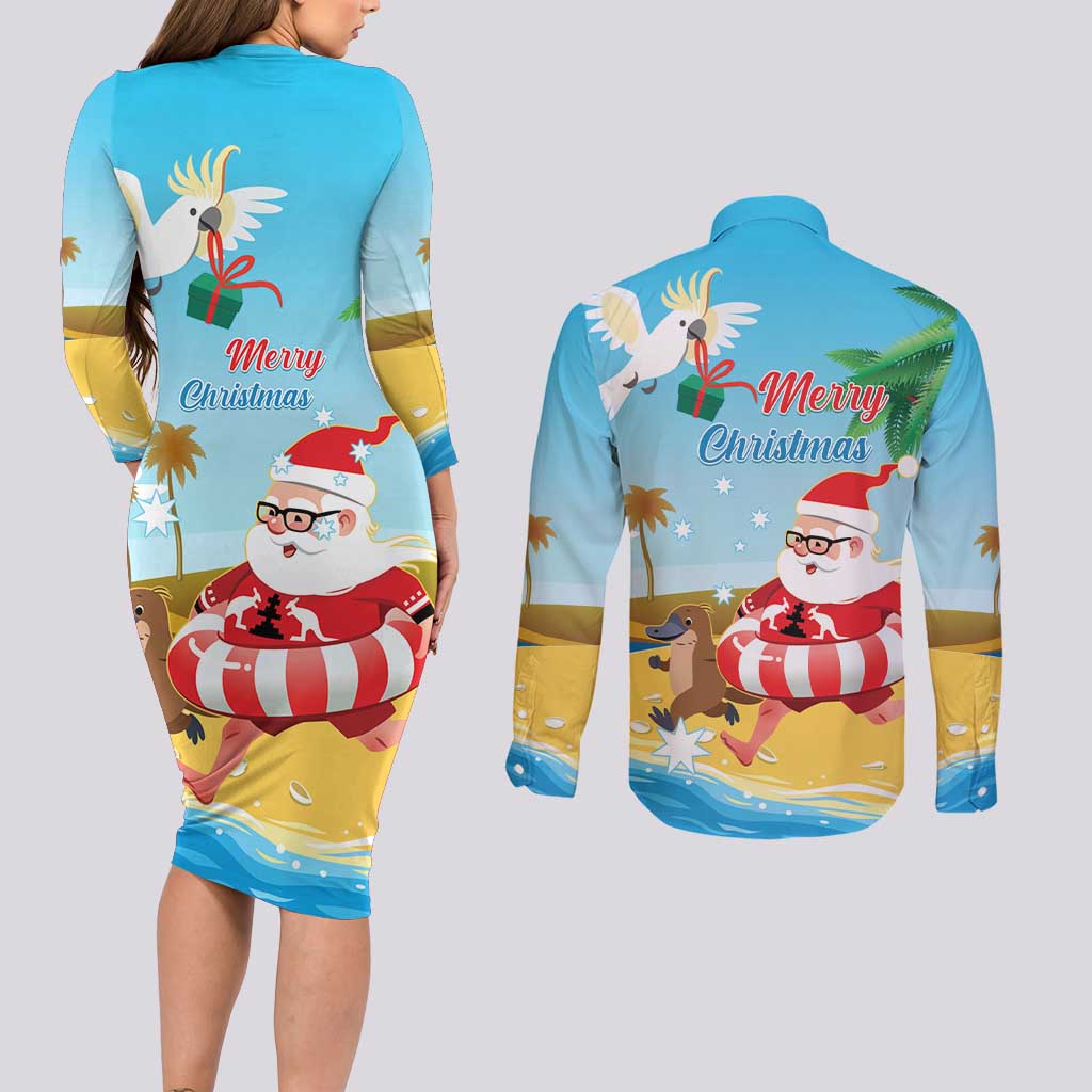 Australia Christmas In July Couples Matching Long Sleeve Bodycon Dress and Long Sleeve Button Shirt Happy Santa Claus With Aussie Animals