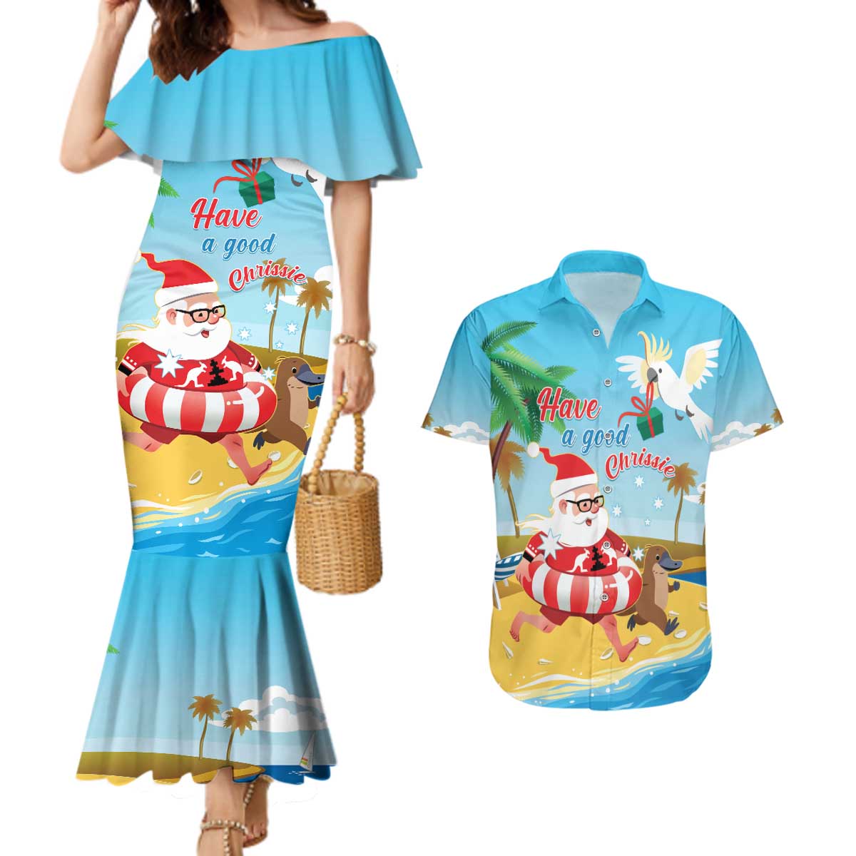 Australia Christmas In July Couples Matching Mermaid Dress and Hawaiian Shirt Happy Santa Claus With Aussie Animals