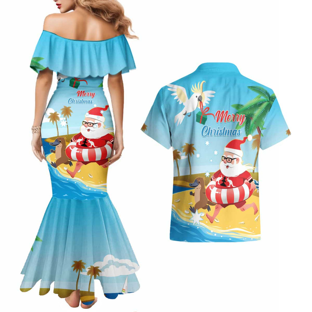 Australia Christmas In July Couples Matching Mermaid Dress and Hawaiian Shirt Happy Santa Claus With Aussie Animals