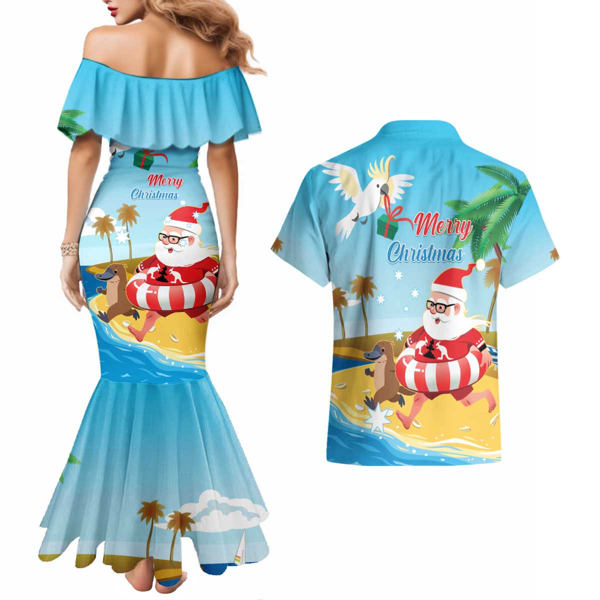 Australia Christmas In July Couples Matching Mermaid Dress and Hawaiian Shirt Happy Santa Claus With Aussie Animals