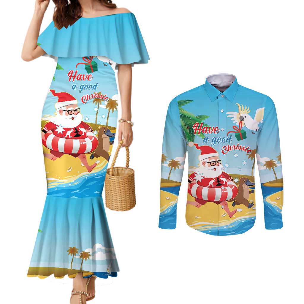 Australia Christmas In July Couples Matching Mermaid Dress and Long Sleeve Button Shirt Happy Santa Claus With Aussie Animals
